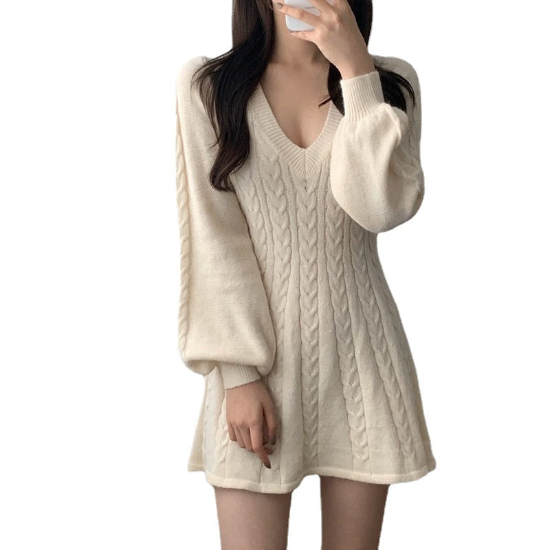 long sweater dress outfit Chic Elegant Twist Knitted Dress Women's Autumn and Winter Lantern Mid-Length Waist V-neck Sweater Women