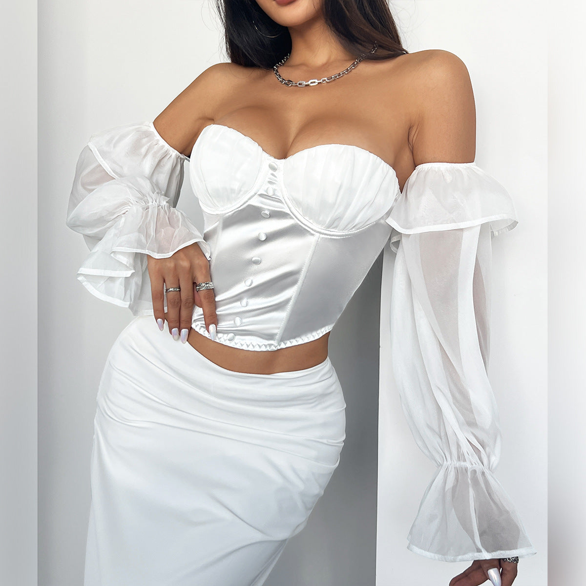 going out outfits French Fashion Satin High-Grade Pleated Steel Ring Fishbone Mesh Flared Sleeve off-the-Shoulder Hot Girl Top