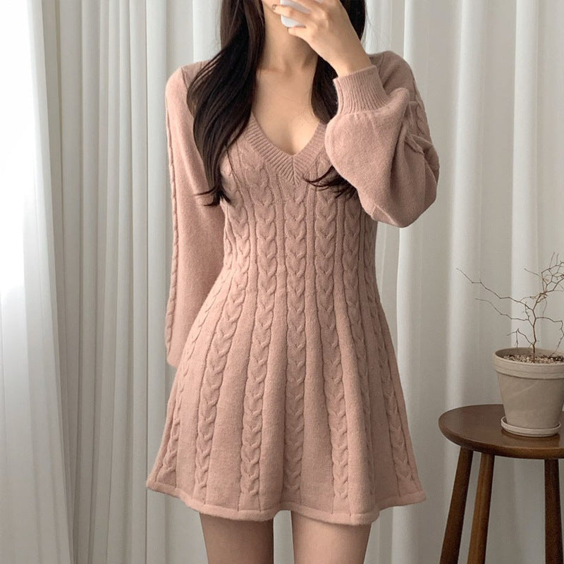 long sweater dress outfit Chic Elegant Twist Knitted Dress Women's Autumn and Winter Lantern Mid-Length Waist V-neck Sweater Women