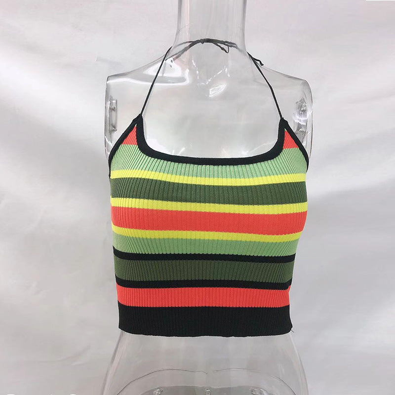 curvy casual outfits Women's Sexy Hot Girl Camisole with Multi-Color Striped Short Navel Vest