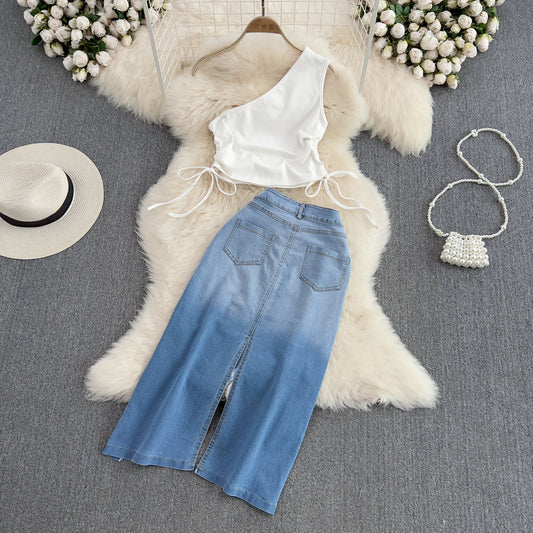 business casual outfits woman Fashion Suit Women's Hot Girl off-Shoulder Slim-Fit Short Top Two-Piece High Waist Split Denim Skirt Summer