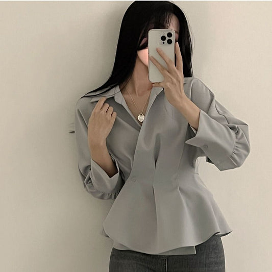 buisnesscore outfit women Spring and Autumn New Retro Waist-Tight Skirt Western Style Ruffled Design Sense Niche Long Sleeve Chic Shirt Top