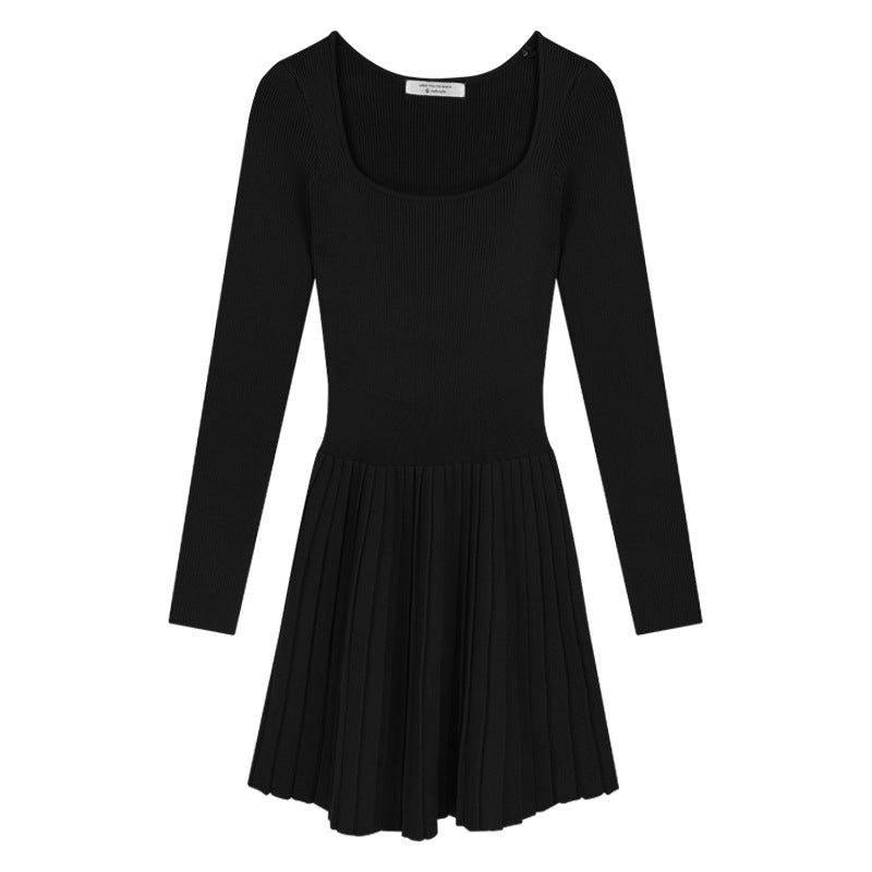 outfits Women's Square Collar Long-Sleeved Knitted Dress Autumn Slim-Fit Bottoming Skirt Tight Waist Pleated A- line Sweater Skirt