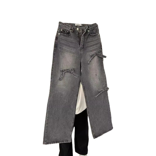 y2k outfits Spring New Three-Dimensional Bow Worn Washed Loose Straight High Waist Jeans for Women