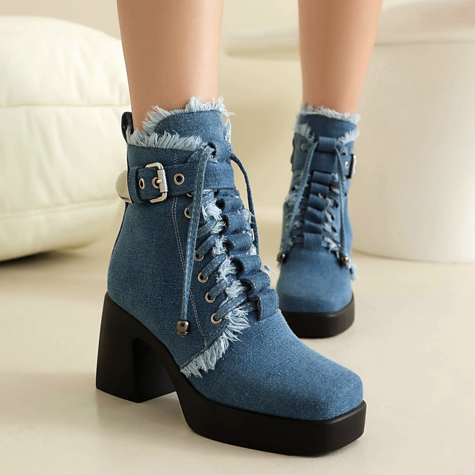 shoes Autumn and Winter New Style High Heel 40-43 plus Size Square Toe Thick Bottom Low Boots