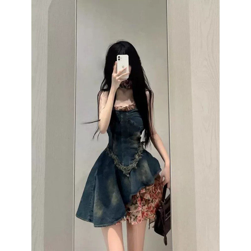 fall 2024 fashion trends French Style Sweet Hot Girl Tube Top Denim Dress Women's Summer High-Grade Waist Slimming Pettiskirt Small