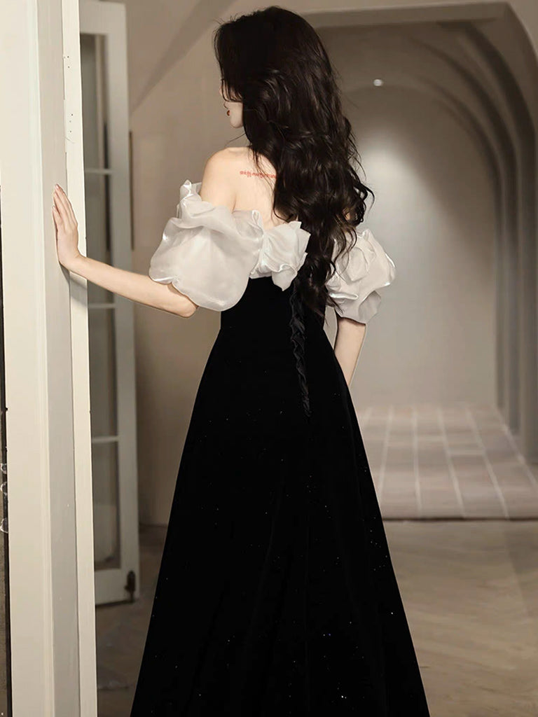 Ddbos A-Line Off Shoulder Velvet Black Long Prom Dress, Black Long Evening Dress