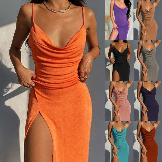 prom dresses Fashion Women's Spring Temperament Sexy Glossy Knitted Split Sling Dress