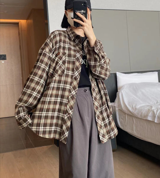 outfit inspo Autumn New Small Pocket Leather Commuter Casual Korean Plaid Brushed Shirt for Women