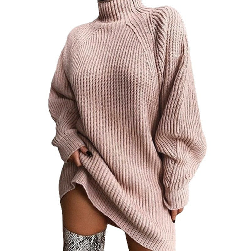 long sweater dress outfit Autumn and Winter New Women's Sweater Mid-Length Raglan Sleeve Half Turtleneck Women's Sweater Dress