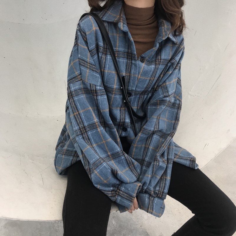 college outfits aesthetic Brushed Lapel Plaid Shirt Women's Clothing Winter New Retro Hong Kong Style French Fashion Top Student Coat