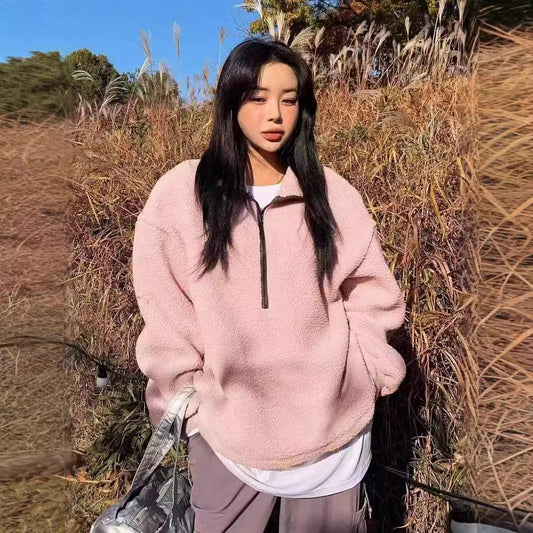 tailgate outfit black women Knitted Lambswool Pullover Sweater Autumn and Winter Half Open Collar Pink Loose Commuter Beauty