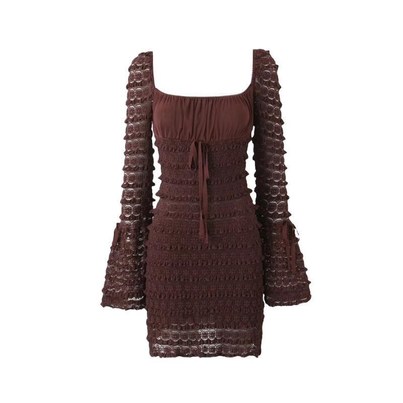 werewolves dress to impress French Retro Square Collar Sexy Low-Cut Bell Sleeve Dress Caterpillar Layered Lace Sheath Skirt