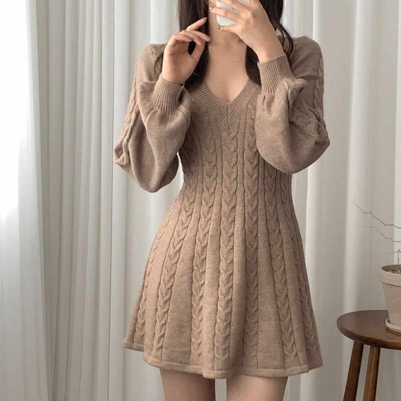 long sweater dress outfit Chic Elegant Twist Knitted Dress Women's Autumn and Winter Lantern Mid-Length Waist V-neck Sweater Women