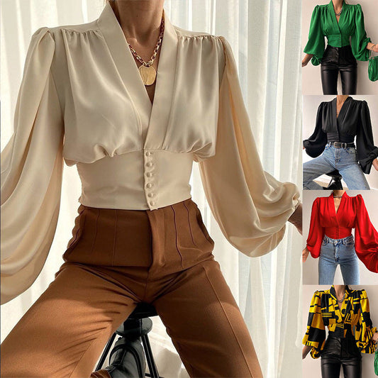 discover style ideas 2024 Popular Spring New Elegant Button V-neck Lantern Sleeve Top Shirt