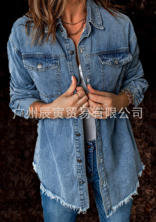 fashion outfits INS Autumn Street Hipster Denim Lapel Loose Simple Women's Shirt Three Colors Size 5