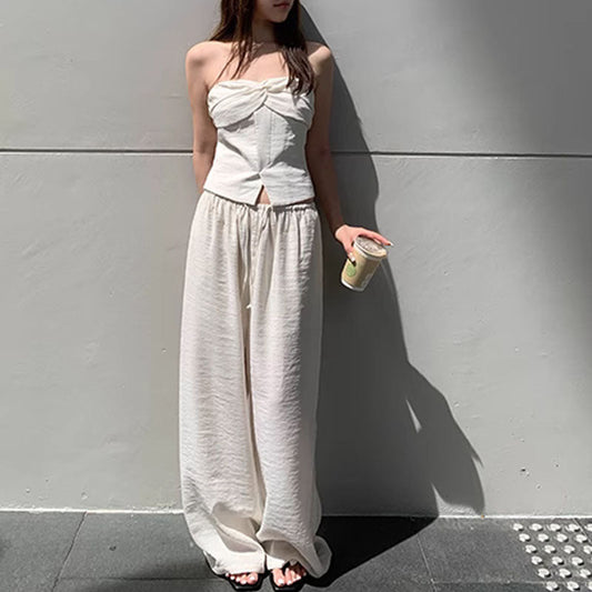 first day of school outfit summer Old Qian Style Tube Top Mop Pants Suit Cotton Linen Wide Leg Pants Casual Pants Women's Summer Design Sense Niche 2-Piece Suit