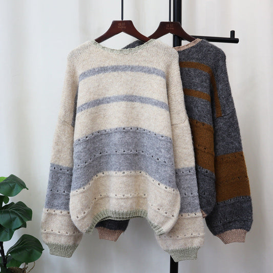 lookbook outfits Contrast Color Striped Sweater Top 2024 Autumn and Winter New Korean Style Loose Retro Japanese Style Soft Glutinous Sweater Pullover for Women