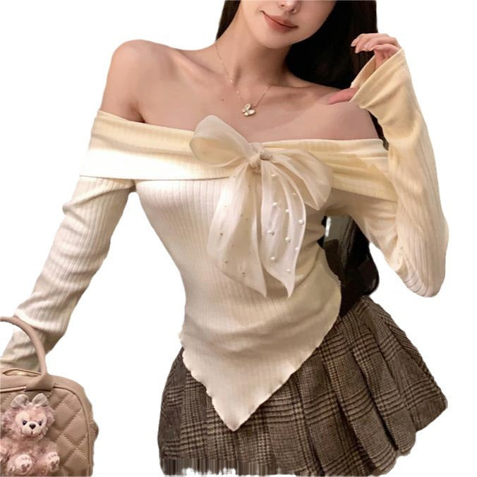 outfit Spring off-Shoulder Big Bow off-Shoulder Long Sleeve T-shirt Women's Sweater Top Bottoming Sweater