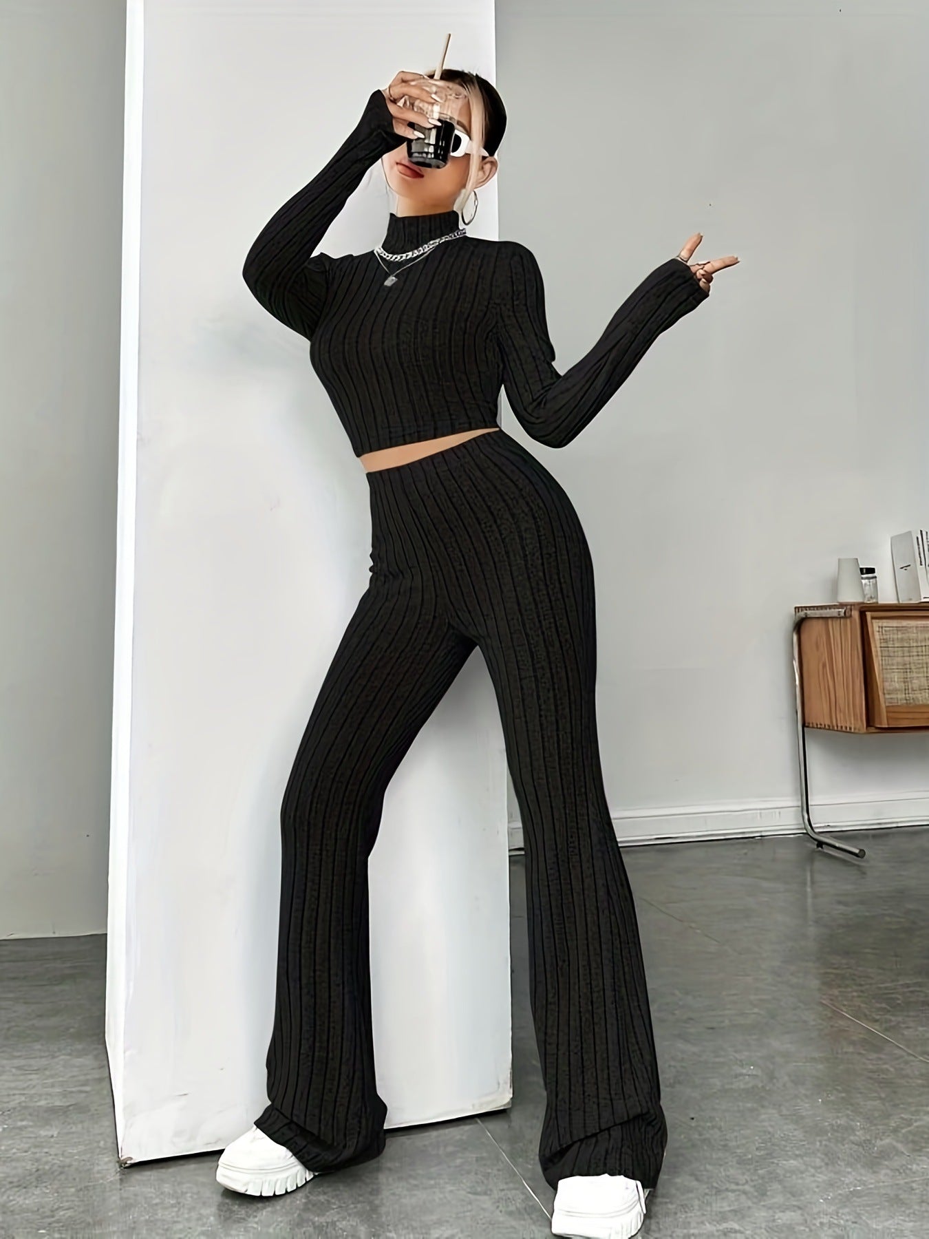 nba outfit for women Tight Fashion Solid Color Women's Suit Long-Sleeved Sweater Bottoming Shirt