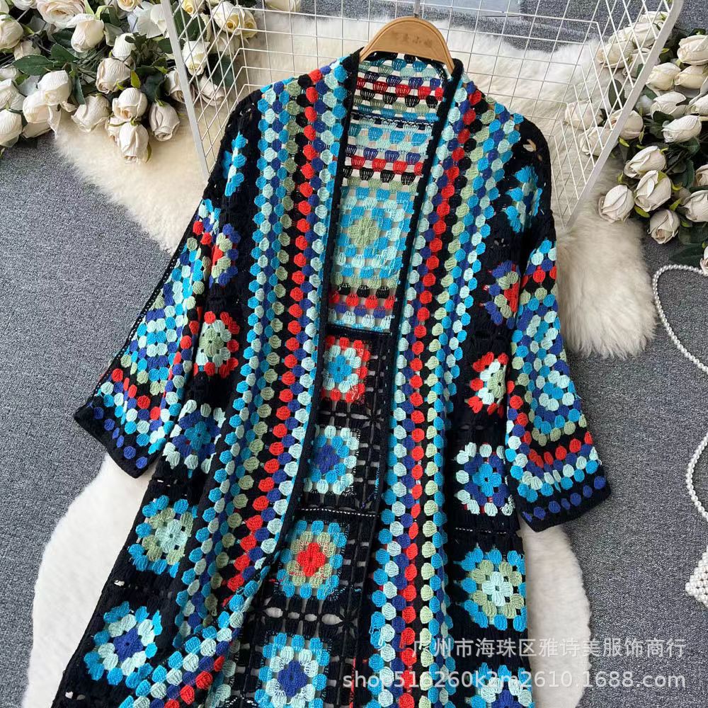 joker costume female outfit Autumn Elegant Holiday Style Color Matching Sweater Women's Crocheted Embroidery Hollow-out Long Outer Shawl Top Fashion