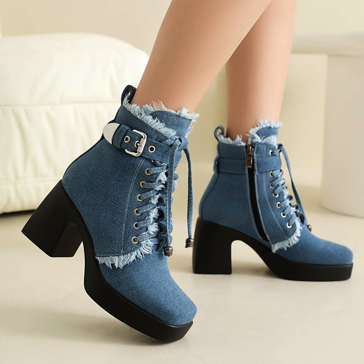 shoes Autumn and Winter New Style High Heel 40-43 plus Size Square Toe Thick Bottom Low Boots