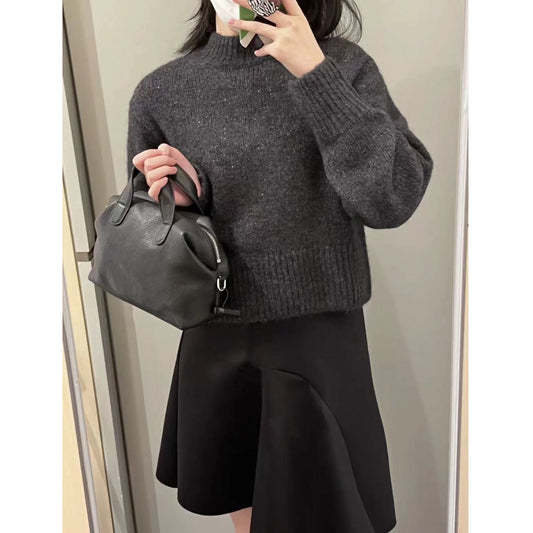 dress to impress outfits Style Women's Short Wool Blended Sweater Black Gray Winter New