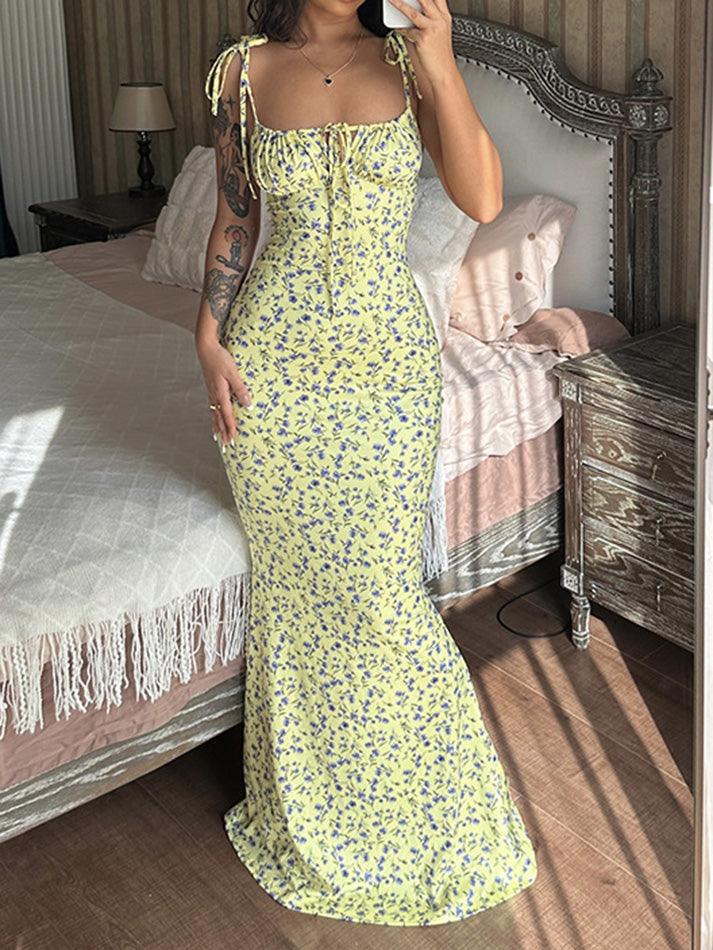 Ddbos - Lace Up Floral Maxi Dress