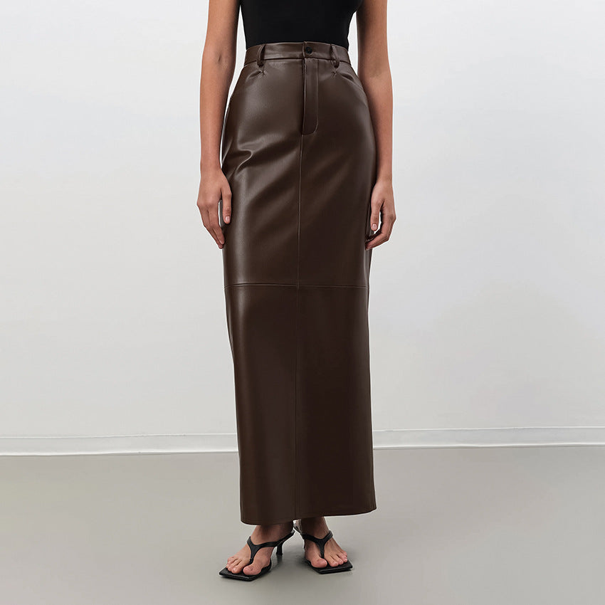 fall fashion outfits Autumn French Style Brown Fleece-lined Leather High Waist Slim Straight Skirt Leather Skirt Versatile Retro Sexy Split Skirt