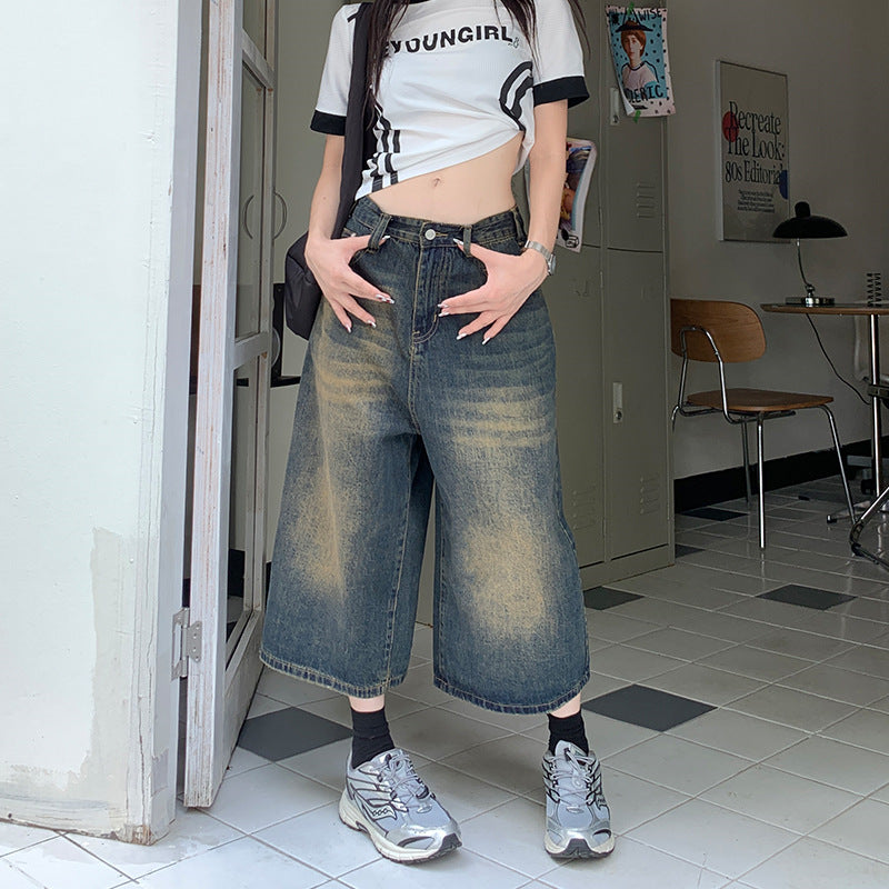 2000s fashion Wide Leg Denim Middle Pants Women's New Retro High Waist Loose Slimming Street Cropped Pants