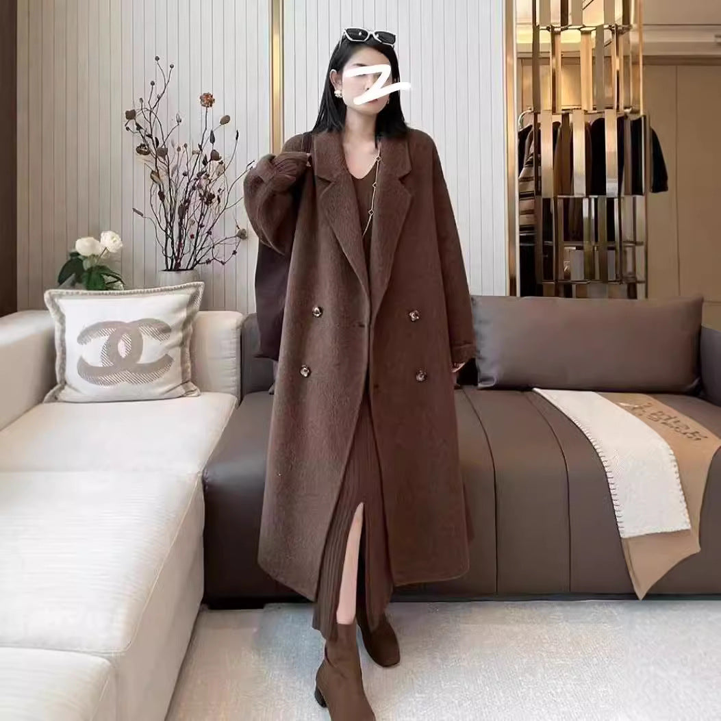 cold weather outfits Women's Double-Sided Cashmere Coat with Camel Velvet Mulberry Silk Wool Mid-Length Winter Thickened Lazy Woolen Coat