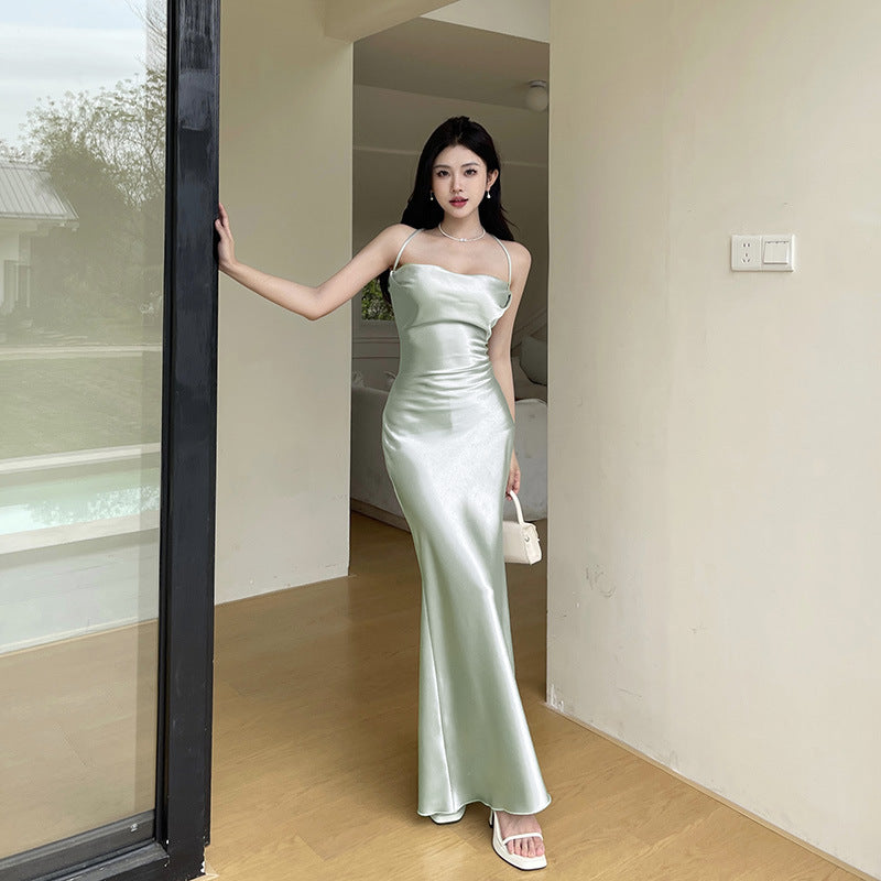 prom dresses Diagonal Cut Crystal Satin Backless Sling Dress Strap Sexy Slim Dress