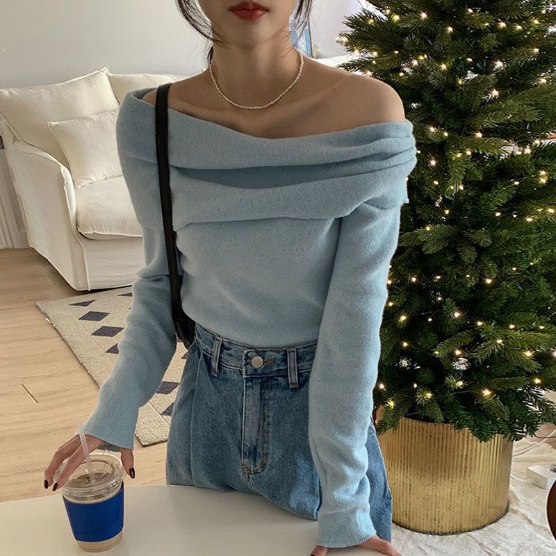 trending fall outfits Milk Soft Blue off-Shoulder Sweater Women's Spring and Autumn off-Shoulder Large Lapel Bottoming Shirt Slim Slimming Long Sleeve Sweater