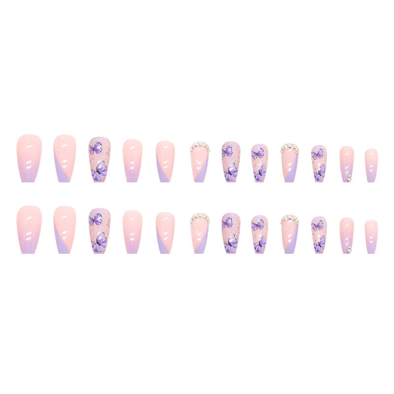 women’s fashion Shiny Broken Diamond Ice Cream Taro Purple Butterfly Manicure Light Purple French Princess Style Wear Nail Fake Nails