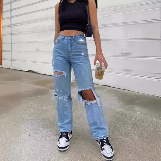 outfit inspo Women's Ripped Wide-Leg Thin Jeans