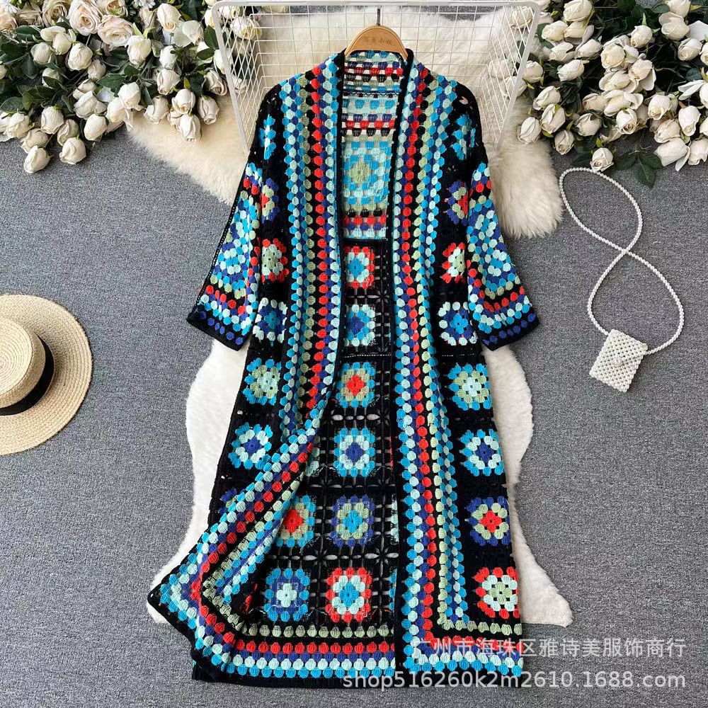 joker costume female outfit Autumn Elegant Holiday Style Color Matching Sweater Women's Crocheted Embroidery Hollow-out Long Outer Shawl Top Fashion