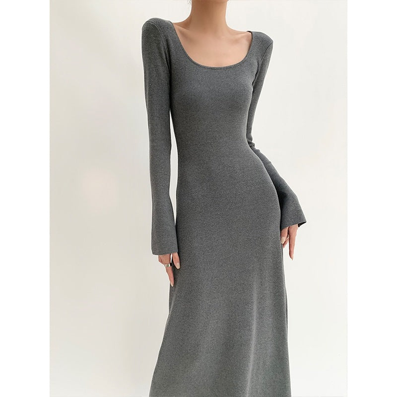 fashion outfits Autumn and Winter Slim Fit Slimming Inner Long Sleeve Mid-Length Bottoming Hip Skirt Square Collar Knitted Dress Women