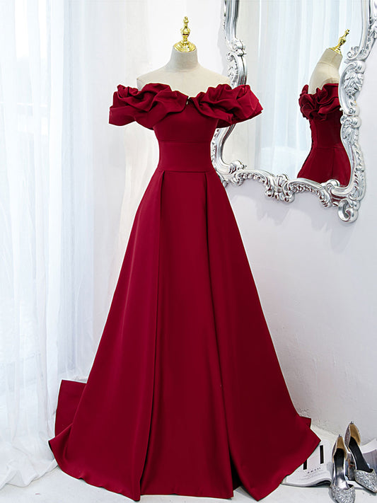 Ddbos Burgundy Off Shoulder Satin Long Prom Dress, Burgundy Formal Evening Dress