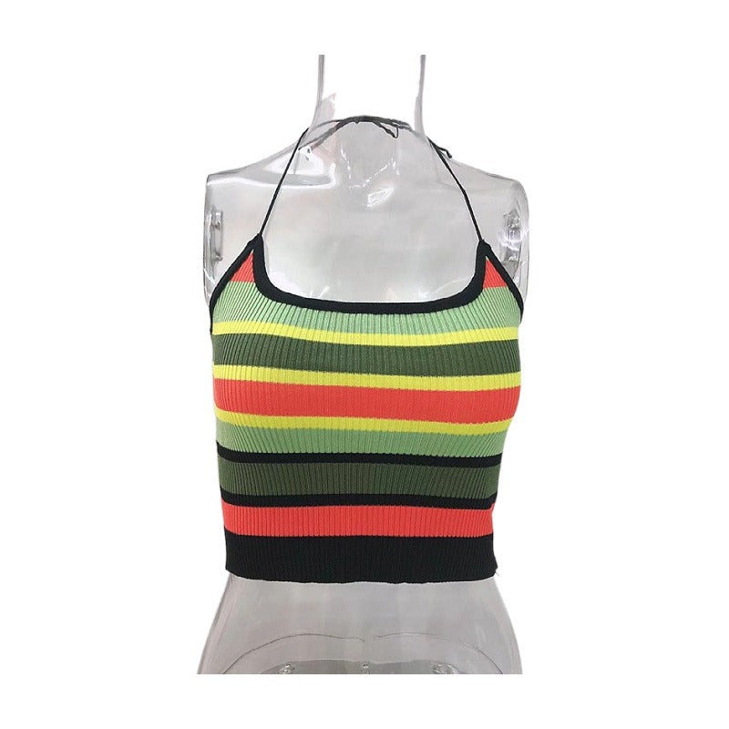 curvy casual outfits Women's Sexy Hot Girl Camisole with Multi-Color Striped Short Navel Vest