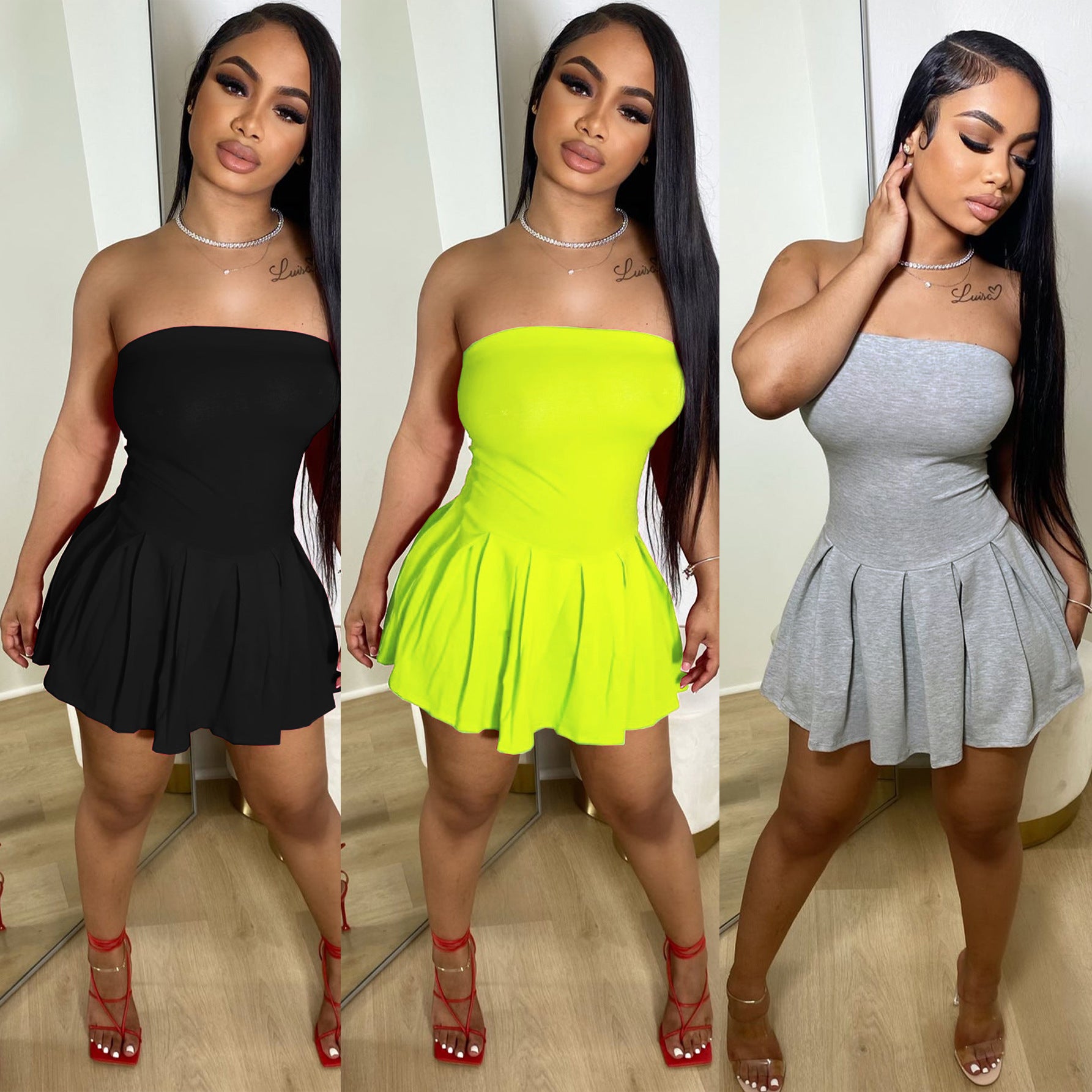 going out outfits Women's Clothing Summer Fashion Slim High Waist Pleated Skirt Solid Color off-the-Shoulder Tube Top Dress