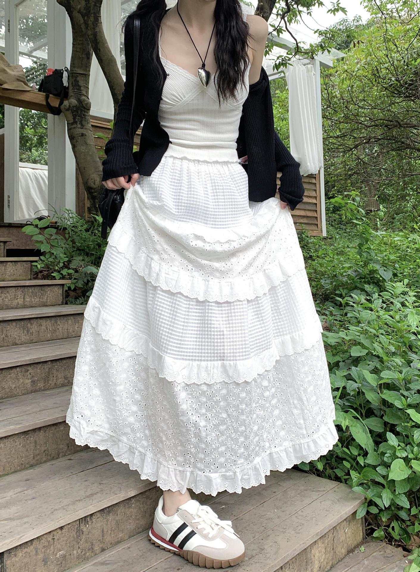 church outfit White Gentle Style Skirt Women's Early Spring High Waist Umbrella Skirt A- Line Skirt Long Skirt Cake Skirt Design Lace Skirt