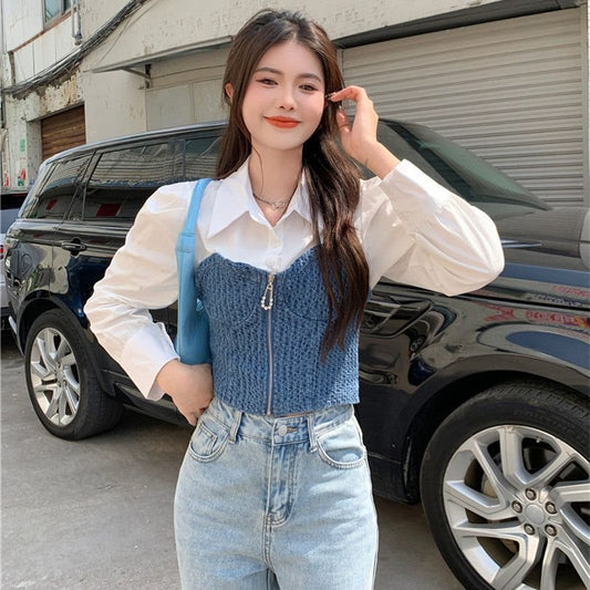 outfit inspo Shirt Early Autumn Women's Design Stitching Denim Elegant Socialite Chic Stunning Slimming Versatile Fake Two-Piece Top Clothes