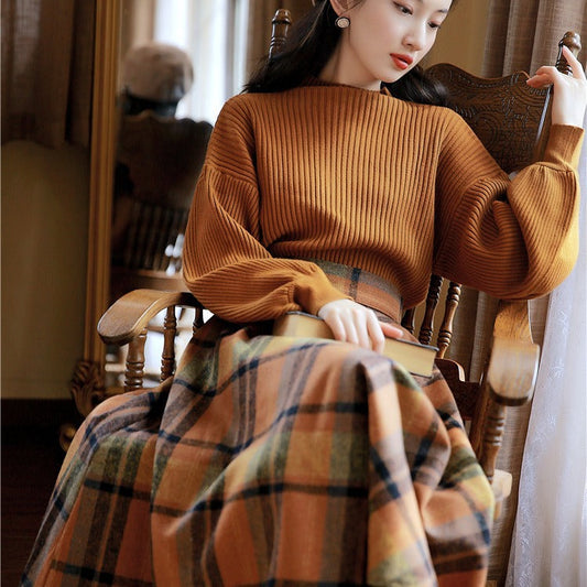 fall outfits women aesthetic Half Turtleneck Brown Lantern Long Sleeve Sweater + Plaid Woolen Skirt Suit Retro Two-Piece Set