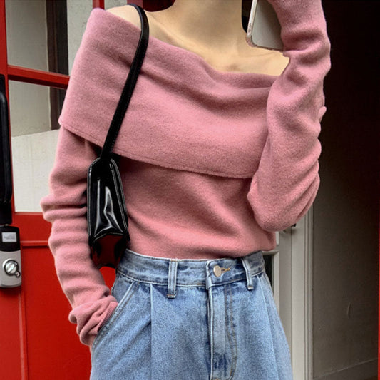 trending fall outfits Milk Soft Blue off-Shoulder Sweater Women's Autumn and Winter off-Shoulder Large Lapel Bottoming Shirt Slim Slimming Long Sleeve Sweater