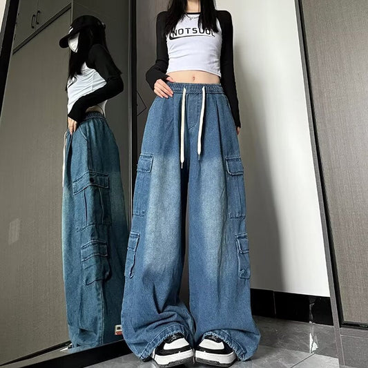 summer outfits men Street Hiphop Jeans Men's American-Style Vintage Washed Distressed Multi-Pocket Loose Overalls Wide-Leg Pants