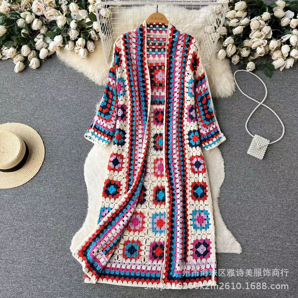 joker costume female outfit Autumn Elegant Holiday Style Color Matching Sweater Women's Crocheted Embroidery Hollow-out Long Outer Shawl Top Fashion