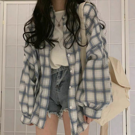 grunge outfits Plaid Shirt Women's Loose Korean-Style Mid-Length Retro Hong Kong Style Versatile Bf Long Sleeve Ins Coat Fashion