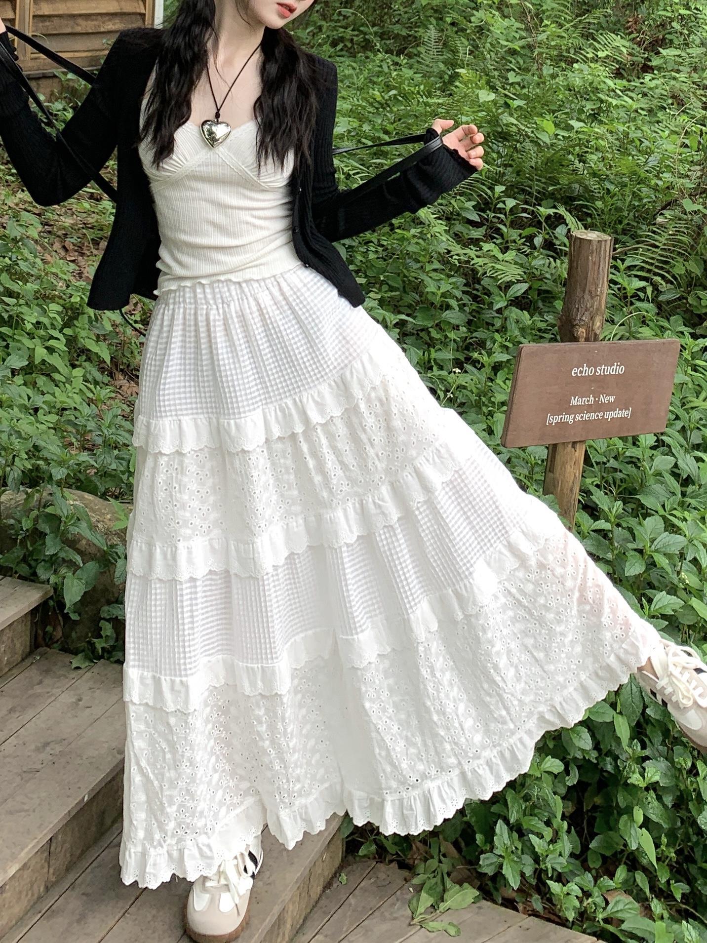 church outfit White Gentle Style Skirt Women's Early Spring High Waist Umbrella Skirt A- Line Skirt Long Skirt Cake Skirt Design Lace Skirt