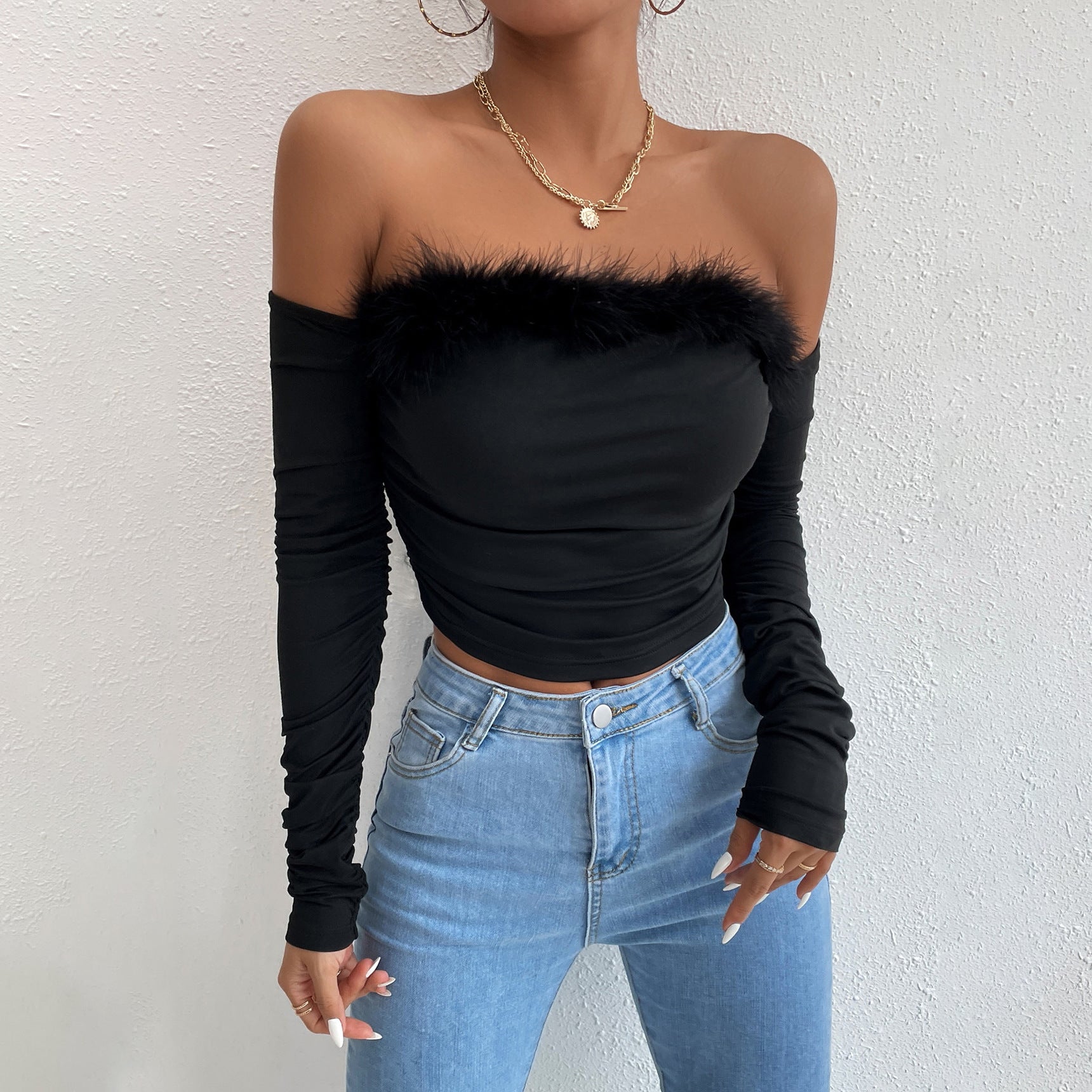 leapord halloween outfit Women's Summer Retro Fur Collar Tube Top Long-Sleeved Top off-the-Neck Backless off-Shoulder Top