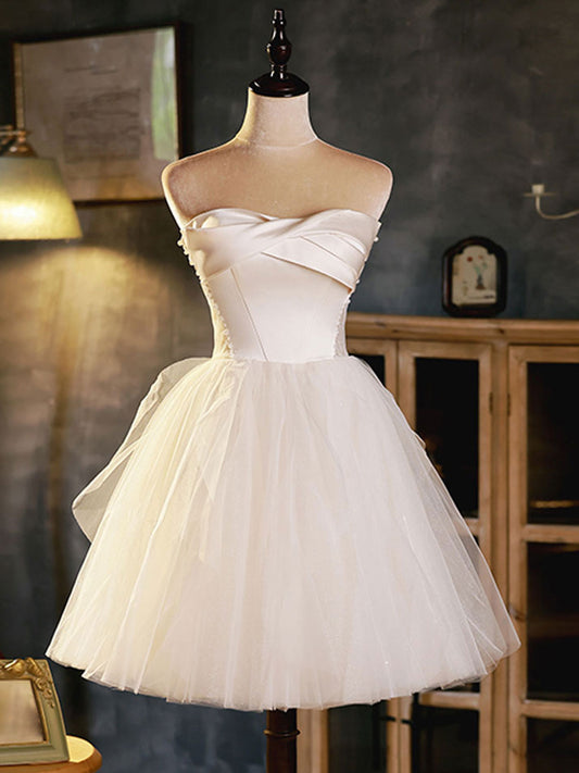 Ddbos White Sweetheart Neck Tulle Short Prom Dress, Light Champagne Homecoming Dress